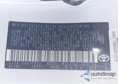 2025 Toyota Corolla Le z USA, uszkodzony, nr VIN 5YFB4MDE4SP230630